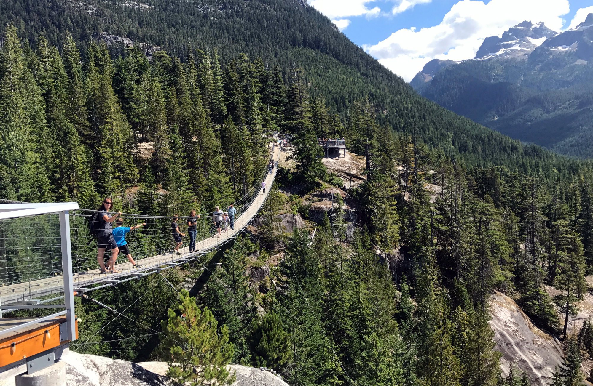 Delegates crossing the Sky Pilot Suspension Bridge above the forested valley at Sea to Sky Gondola
