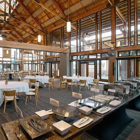Summit Lodge buffet service set up in front of round banquet tables