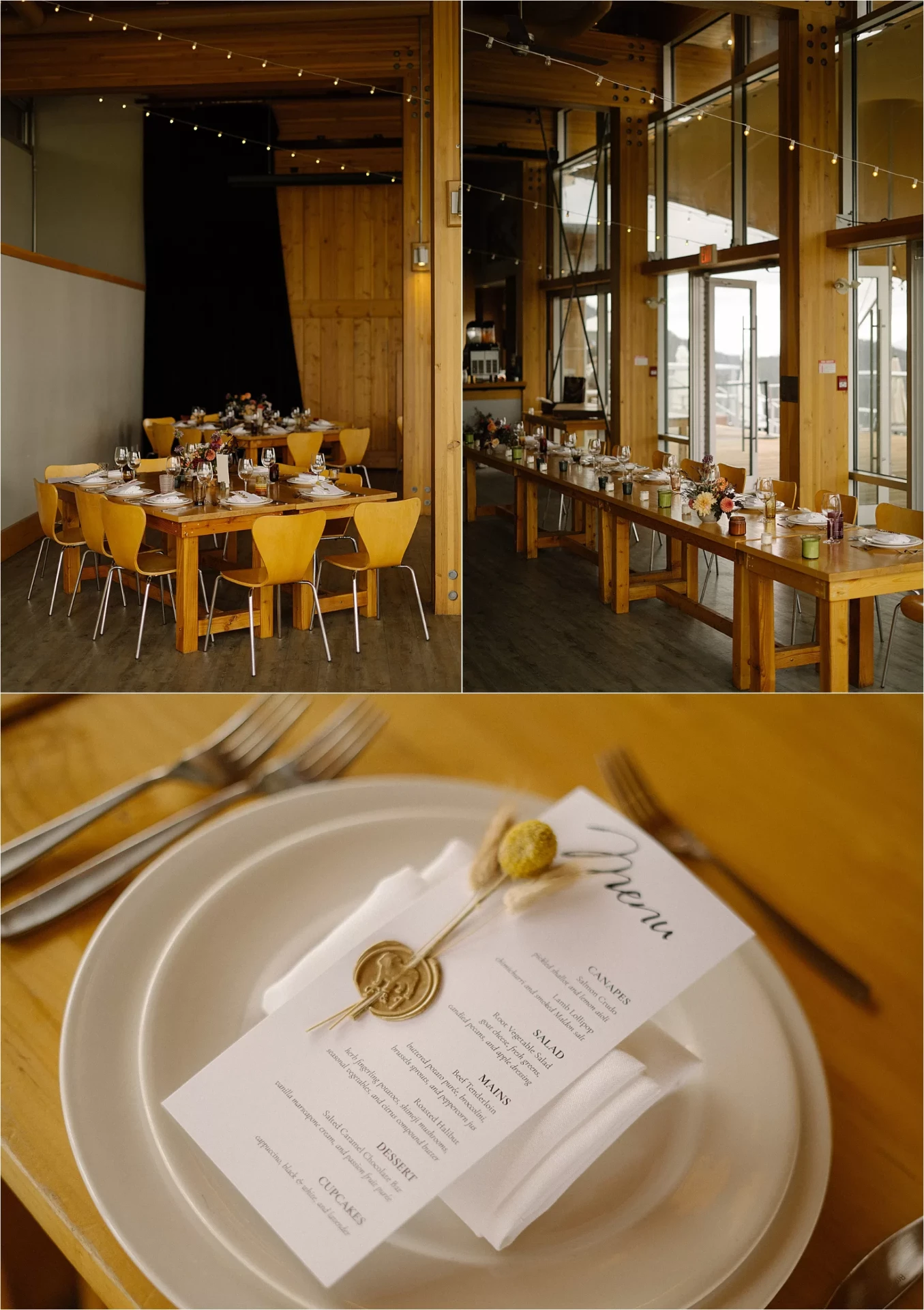 Interior details of Summit Lodge showing seated table settings and private dining areas